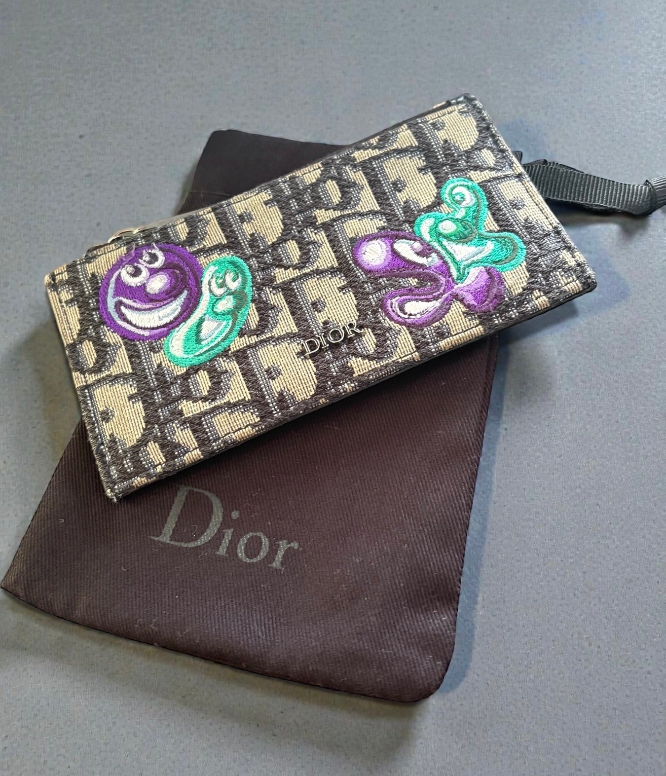 Dior x Kenny Scharf Tarjetero Jacquard Oblicuo Beige/Negro